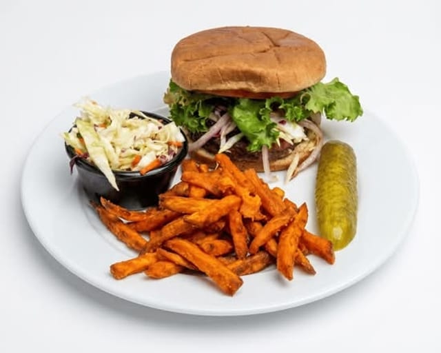 Turkey Portobello Mushroom Burger with Fries.